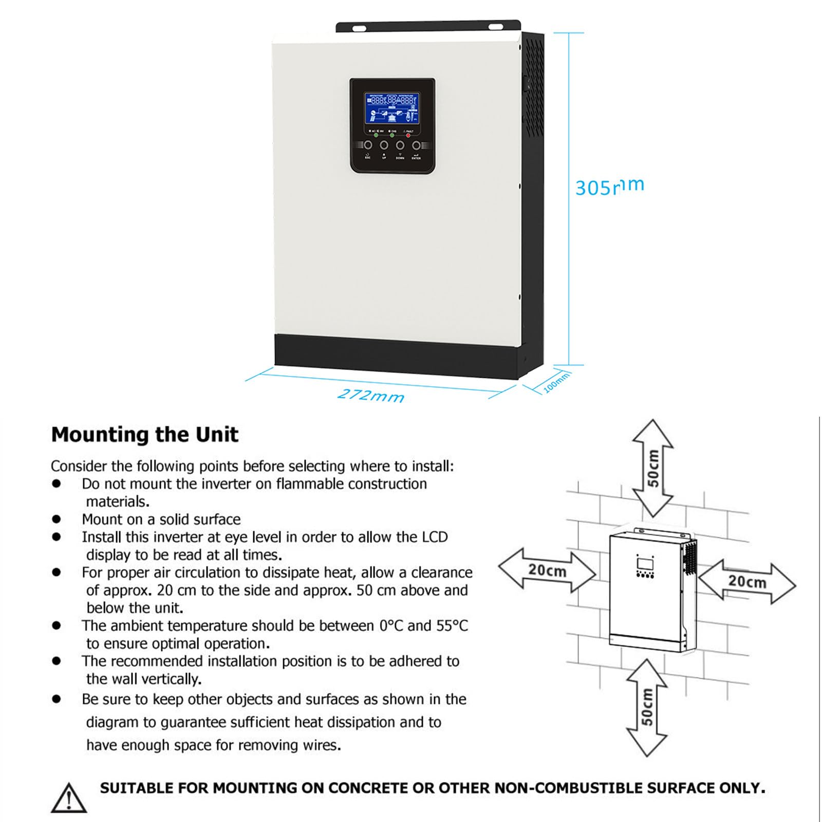 Inversor/cargador híbrido multifunción (3000 VA, 2400 W) - Entrada de onda sinusoidal pura (24 V CC) - Salida (80 V CC/220 V CA), controlador de carga solar PWM de 50 A integrado, para sistemas sola