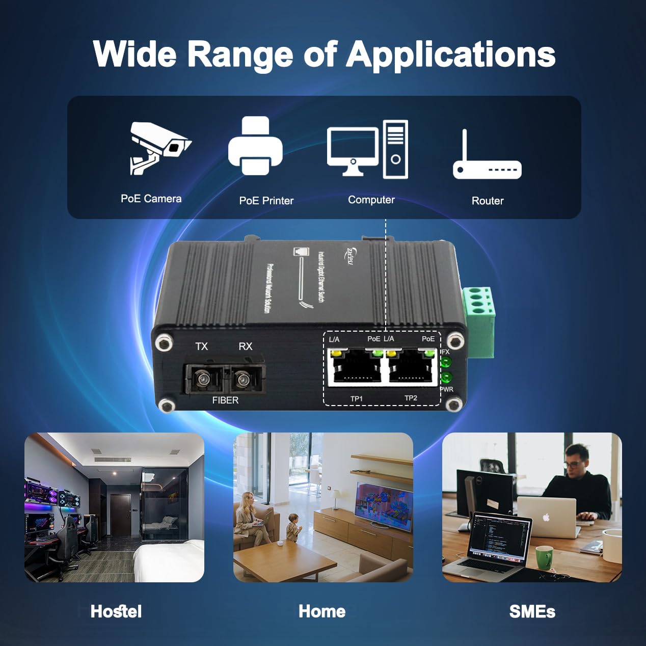 Convertisseur de média industriel 1,25 G Gigabit SC vers Ethernet prenant en charge le rail DIN, commutateur de fibre IEEE 802.3af/at 30 W PoE avec 2 ports RJ45 et 1 port SC monomode, jusqu'à 20 km,