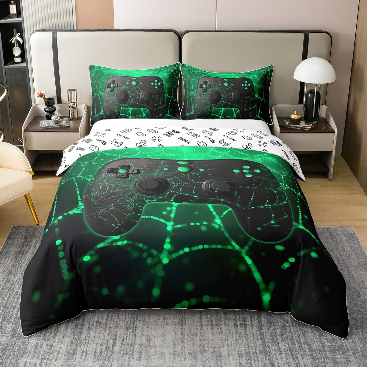 Homemissing Set di biancheria da letto con copripiumino e 2 federe, in 100% cotone, per bambini, motivo videogiochi, con 2 federe, decorazione per camera da letto