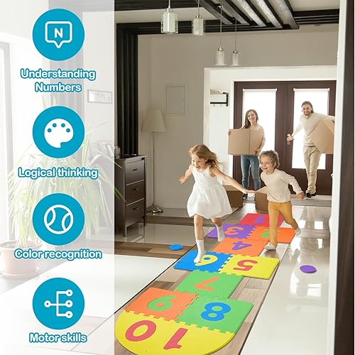 Miniatura 4 de Liliful Paquete de 2 tapetes de Hopscotch de 12 x 12 pulgadas, de espuma entrelazada, de EVA, juego de rompecabezas, tapete seguro para juegos de
