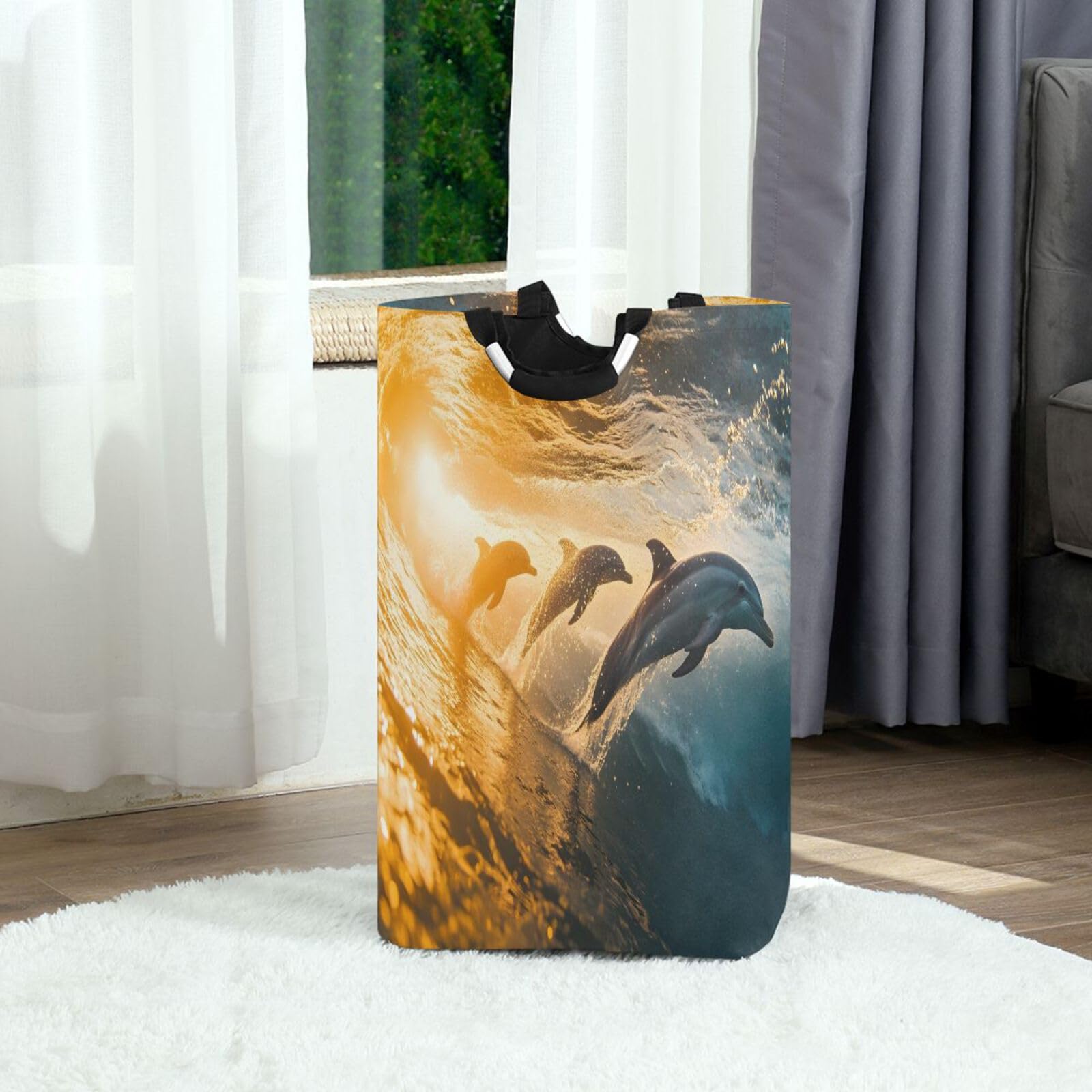 Jihqo Laundry Hamper Basket Dolphins Jumping Collapsible Nursery Storage Bin Waterproof Clothing Baskets for Home Bedroom Bathroom Washing Room