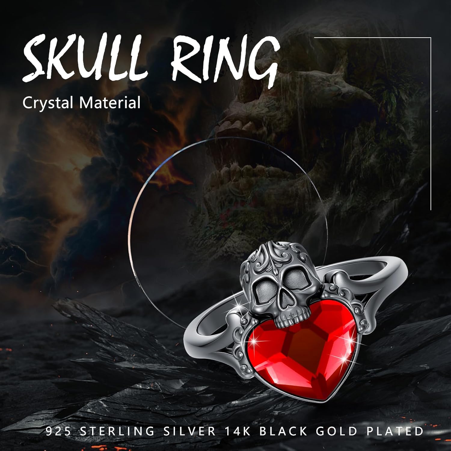 Skull Ring for Women 925 Sterling Silver Skull Crystal Ring Adjustable Ring Gothic Jewelry Gift for Women