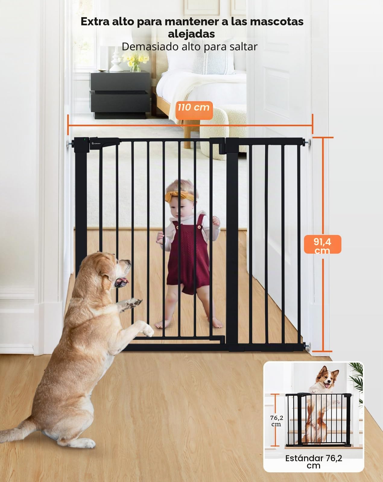 COMOMY Puerta de Perros 91,5cm Extra Alto, 75-110cm Ancho Grande Puerta Seguridad Bebe de Cierre Automático, Duradera Barrera Seguridad Niños para Escalera, Montadas a Presión, Negro