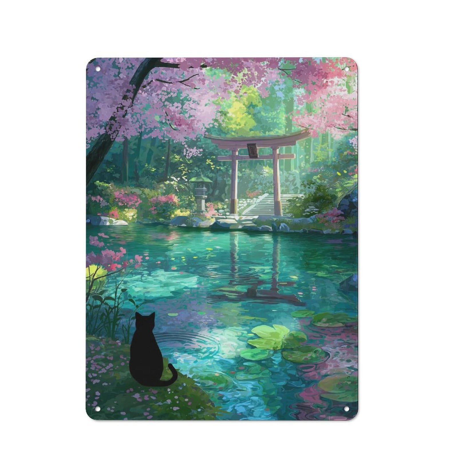 Junmoney Black Cat At Shrine Cherry Blossom Pond Kitchen Metal Sign With Design 40X30cm, Classic Diner Style Decor For Coffee Bar, Kitchen, Bistro Or Tea Corner
