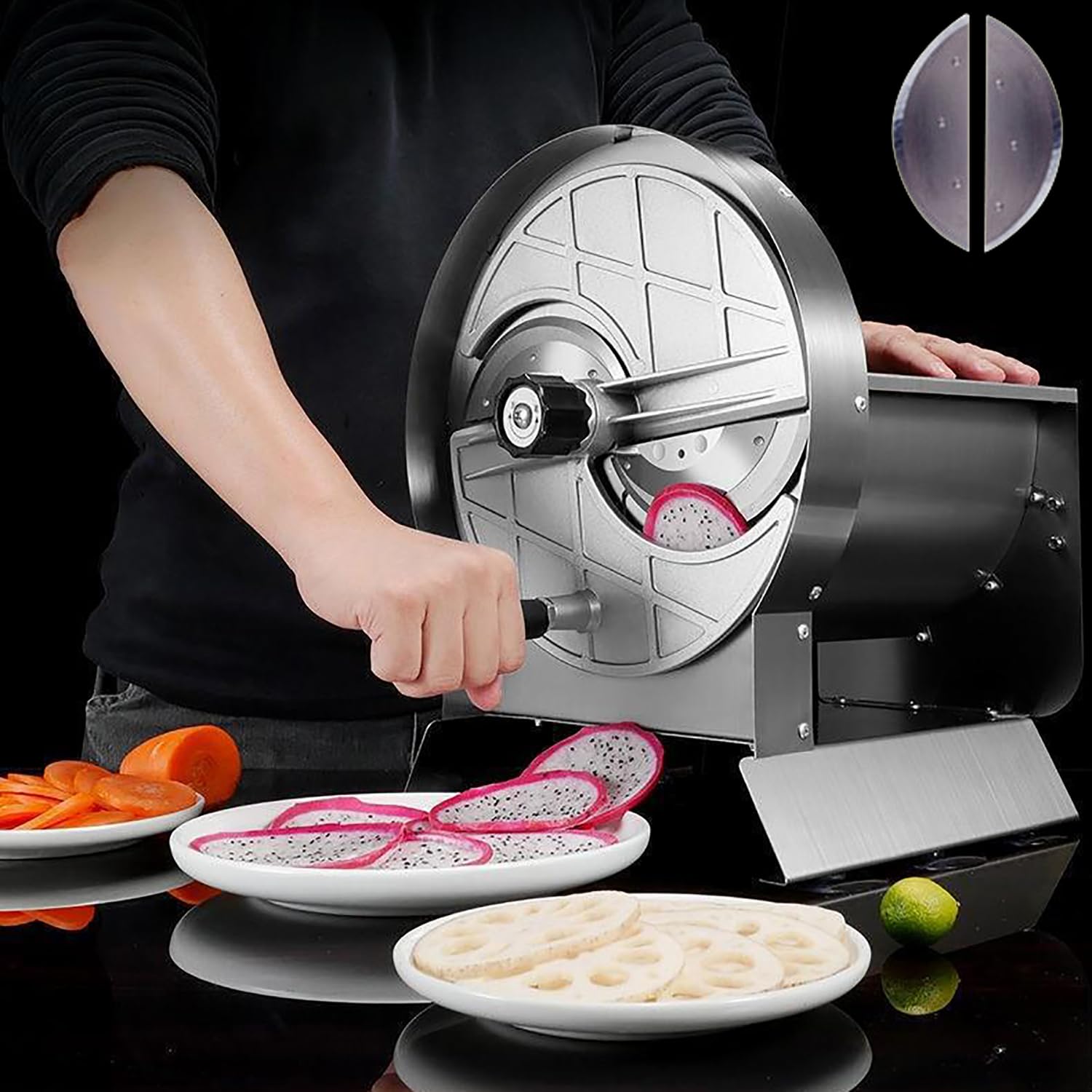XQKXHZ Commercial Vegetable Slicer Thickness Adjustable Stainless Steel Manual Veggie Fruit Cutter with 2 Spare Blades, for Tomato Onion Potato Cabbage Lime Orange