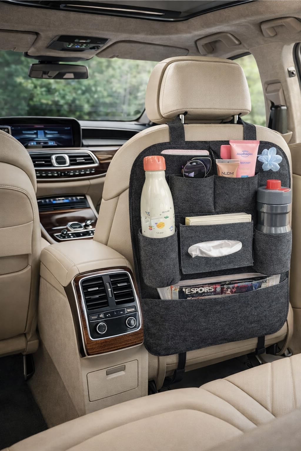 CALVYNORA 1 Pack Dark Grey 7 Pockets Car Back Seat Organizer Cover for Kids & Travel, Multi Pocket Car Seat Storage Protector for Toys Bottles Books Snacks, Universal Fit Car Accessories