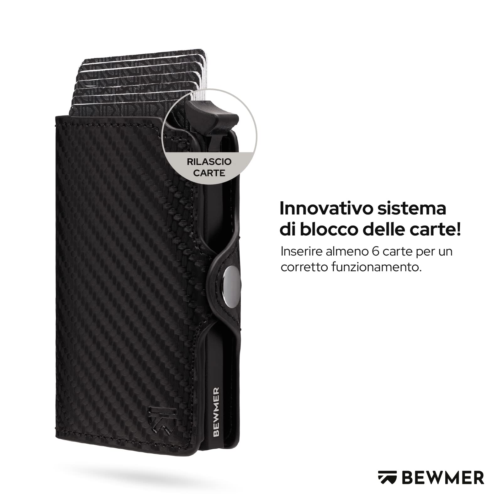 BEWMER Porta Carte di Credito 1 ZIP Schermato | Portafoglio Slim da Uomo e Donna | Porta Tessere e Documenti con Rfid Protection e Fermasoldi in Carbon Fiber (Nero Carbon con ZIP)