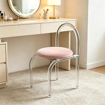Modern Minimalist Acrylic Chair, Clear Vanity Stool with Backrest and Cushion Small Accent Chair for Makeup Room Dining Room Living Room Pink