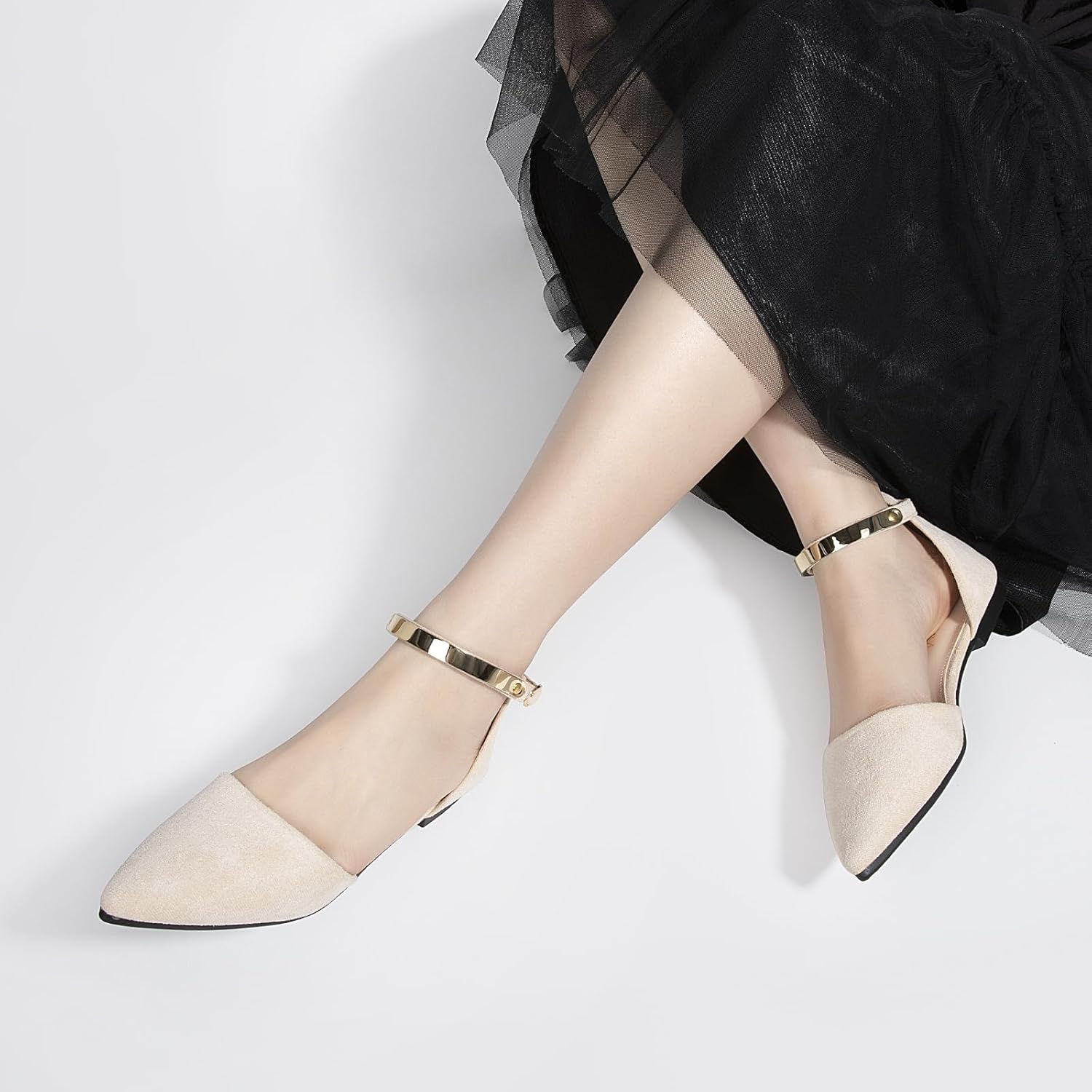 Zelaprox Women's Black Pointed Toe Flats Rhinestone Bow Ankle Strap Ballet Flats Comfortable Slip On Flats Light Weight Suede Dress Shoes - Image 6