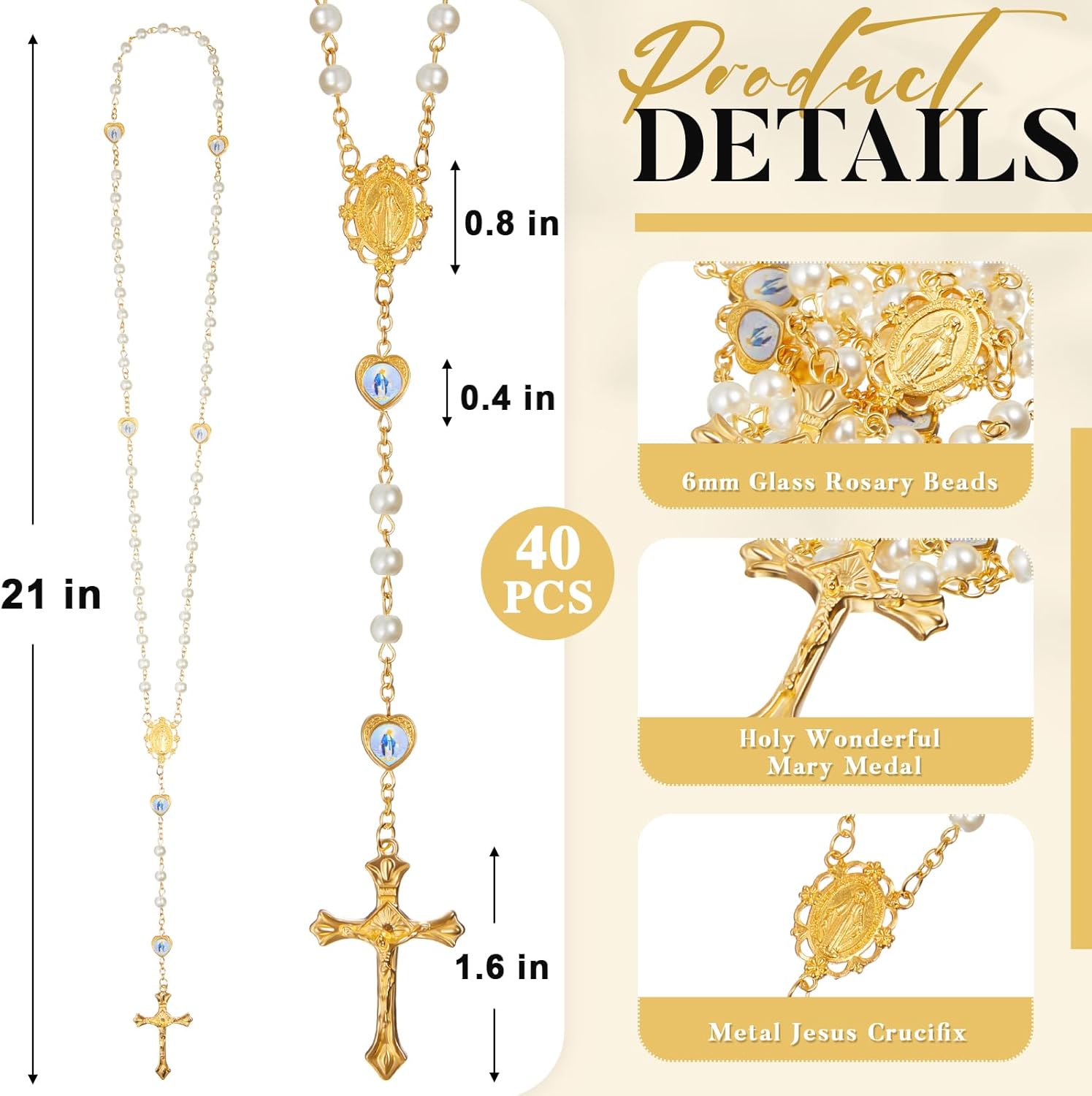 ROCEEI Catholic Glass Pearl Beads Rosary Necklace 6 mm Beaded Cross Necklace with Crucifix and Rosary for Women