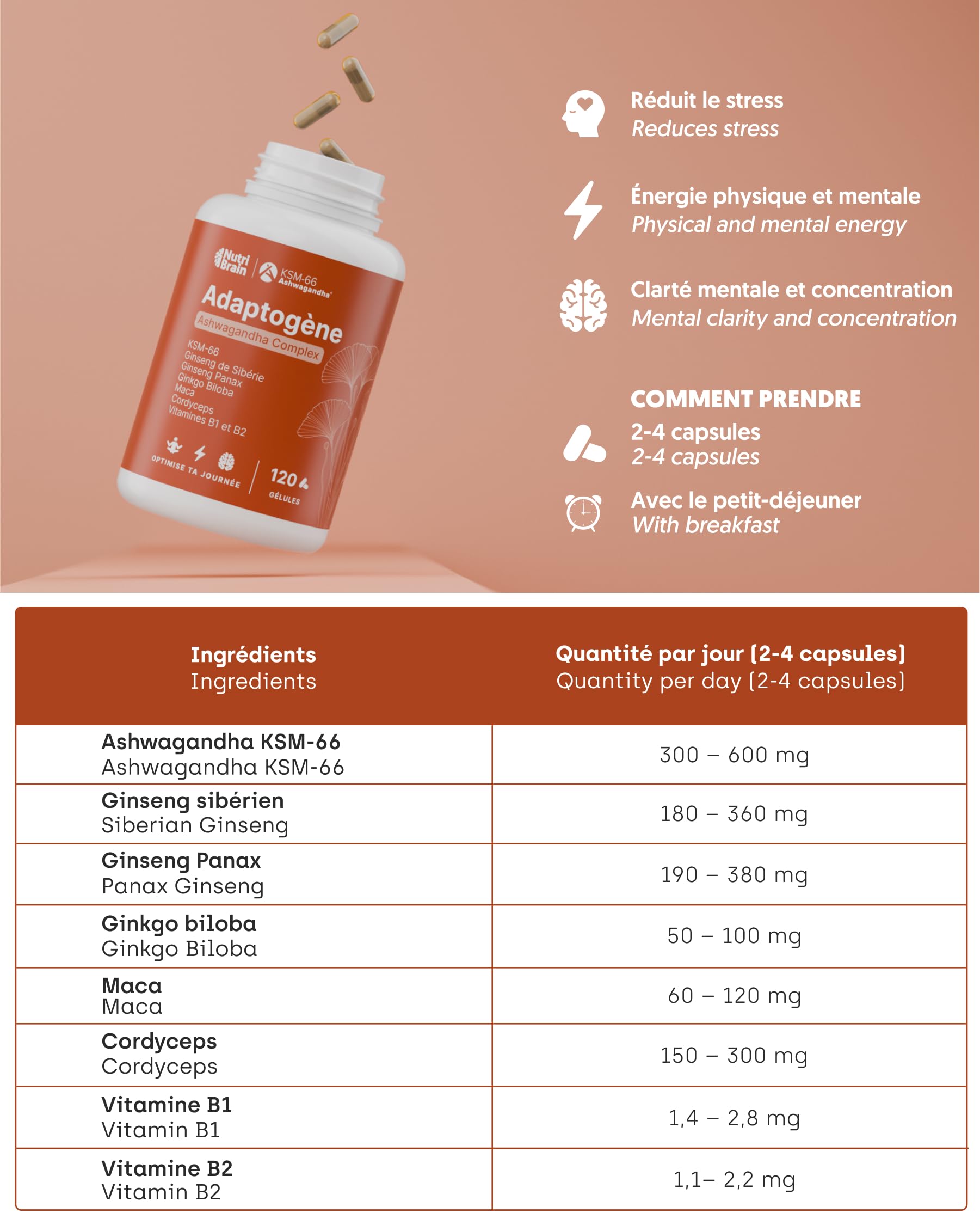Ashwagandha Complex avec KSM-66, Ginseng, Ginkgo Biloba, Maca, Cordyceps, Vitamines B1-B2 | Adaptogène Anti-stress, Équilibre, Énergie, Performance | 120 Gélules | Végan, Sans OGM, Sans Gluten