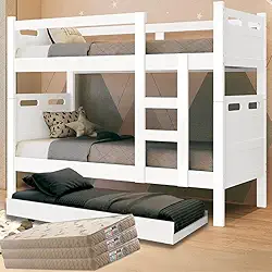 Treliche Com Colchões D33, Reforçada, Beliche Barreto com Cama Auxiliar, 3 Colchões D33 Premium, Multifuncional, 3 Camas (Branco)