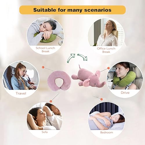 Miniatura 6 de Almohada de viaje para niños, almohada de cuello deformable 2 en 1 para niños, almohada suave en forma de U con adorable diseño de animales, cómodo