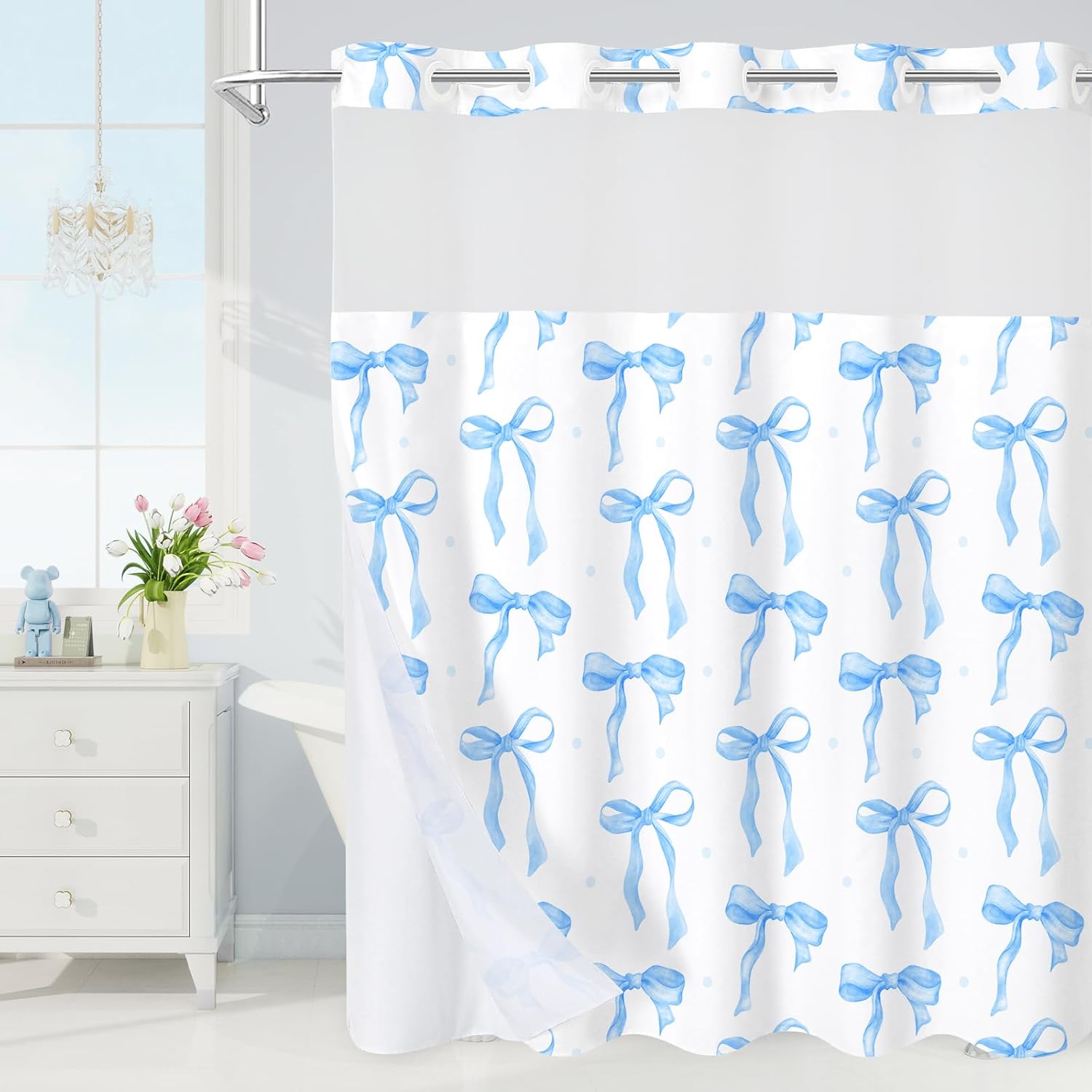 Litabel No Hook Orange and White Cute Bows Shower Curtain and Liner Set, Modern Fabric Girly Shower Curtain with Snap in Liner, Chic Elegant Girls Fashion Pretty Sweet Bows, 72 x 74