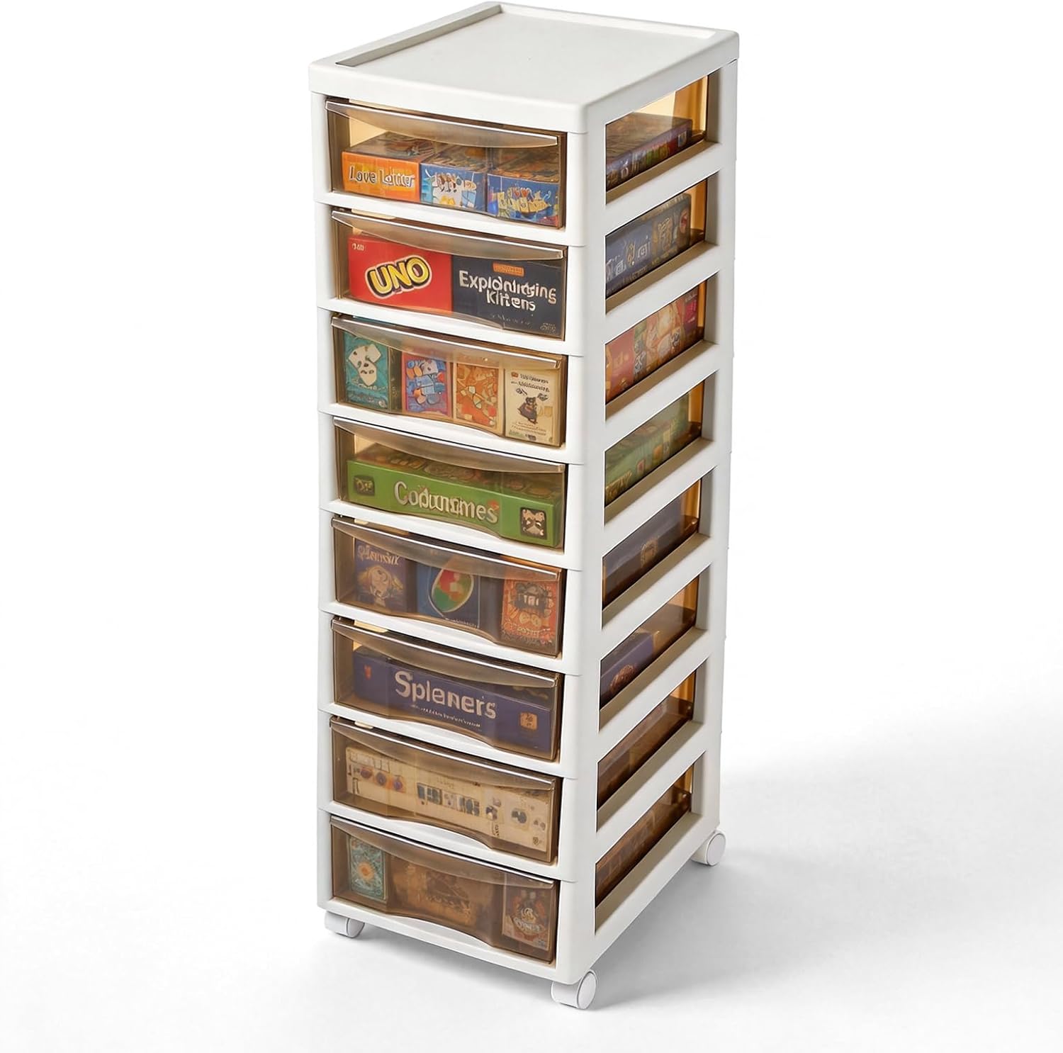 Board Game Storage Cabinet - Plastic Clear Storage Containers, 8-Tier Large Capacity, with Individual Pull-Out Drawers, Lockable Wheels Casters, Ideal for Card Game Boxes and Standard-Size Board Games