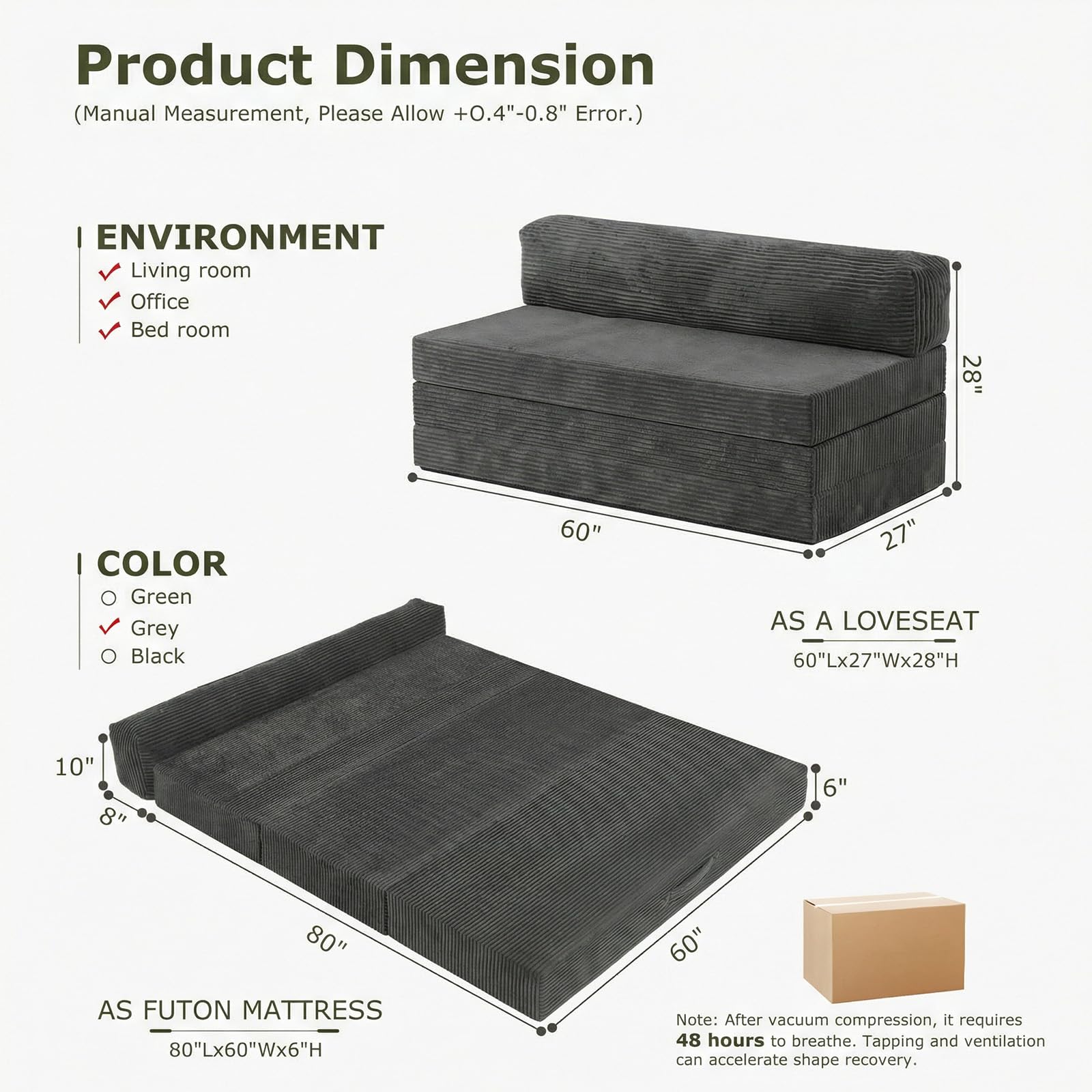5-in-1 Convertible Sofa Bed, Boneless Loveseat, Tri-fold Futon Sofa Bed with Removable Cushions & Washable Cover, Pull Out Couch with Handle, for Small Spaces, Queen Size, Grey