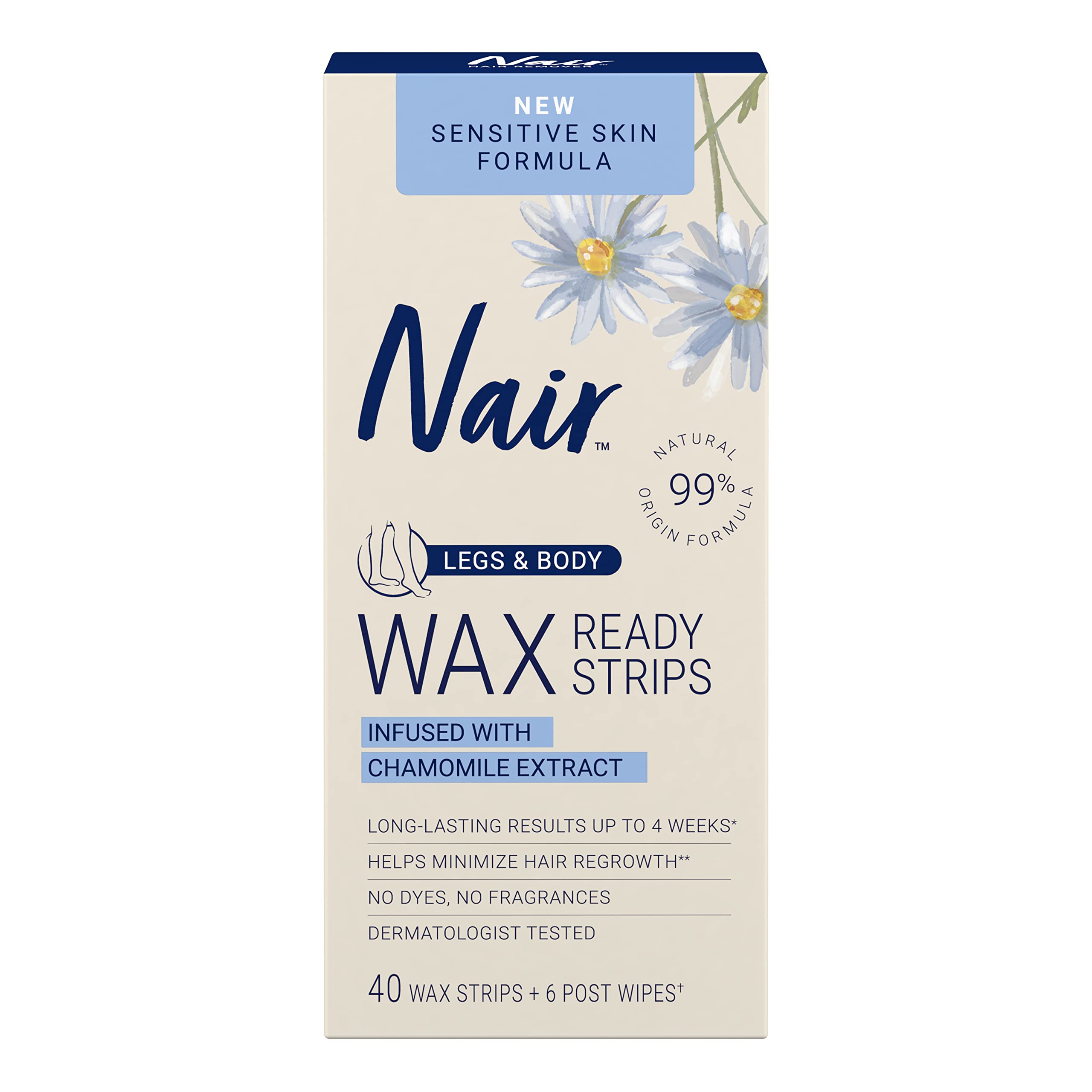 NairSensitive Hair Remover Mess-Free Wax Ready Strips, Legs and Body Easy Hair Removal Wax Strips for Sensitive Skin, Chamomile Extract, Dermatologist Tested, Plus 6 Post Wipes, 40 Count