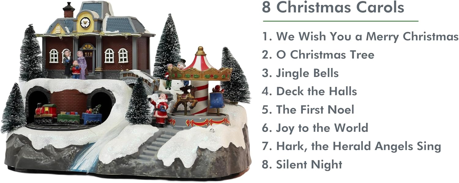 MOMENTS IN TIME 8.5" H Polyresin LED Musical Christmas Village with Animated Train and Carousel