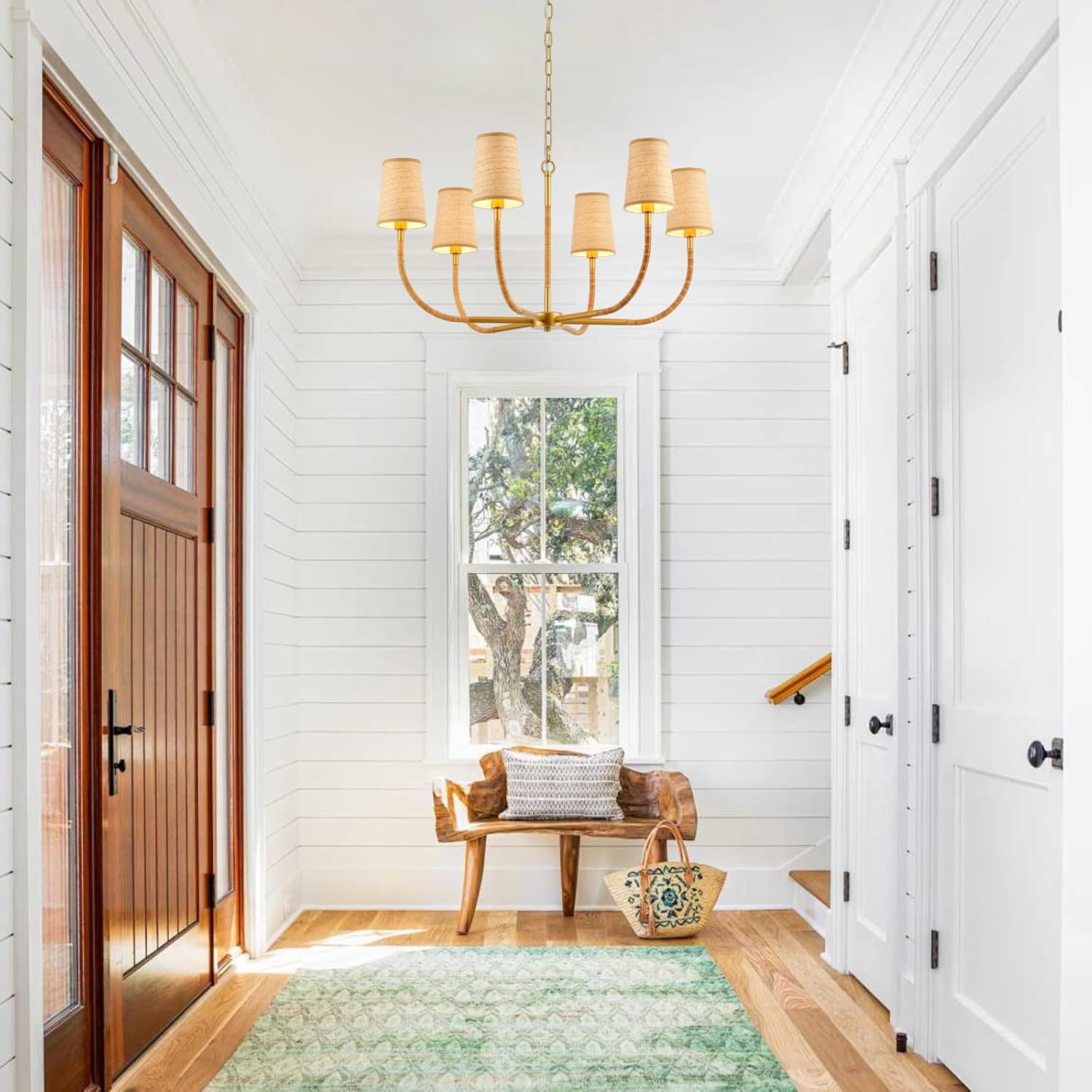 Farmhouse Rattan Chandelier, 6-Light Boho Chandelier for Dining Room 34’’ Rustic Gold Chandelier with Rattan Shades, Large Pendant Lighting Fixtures for Kitchen Island Living Room Bedroom, UL Listed