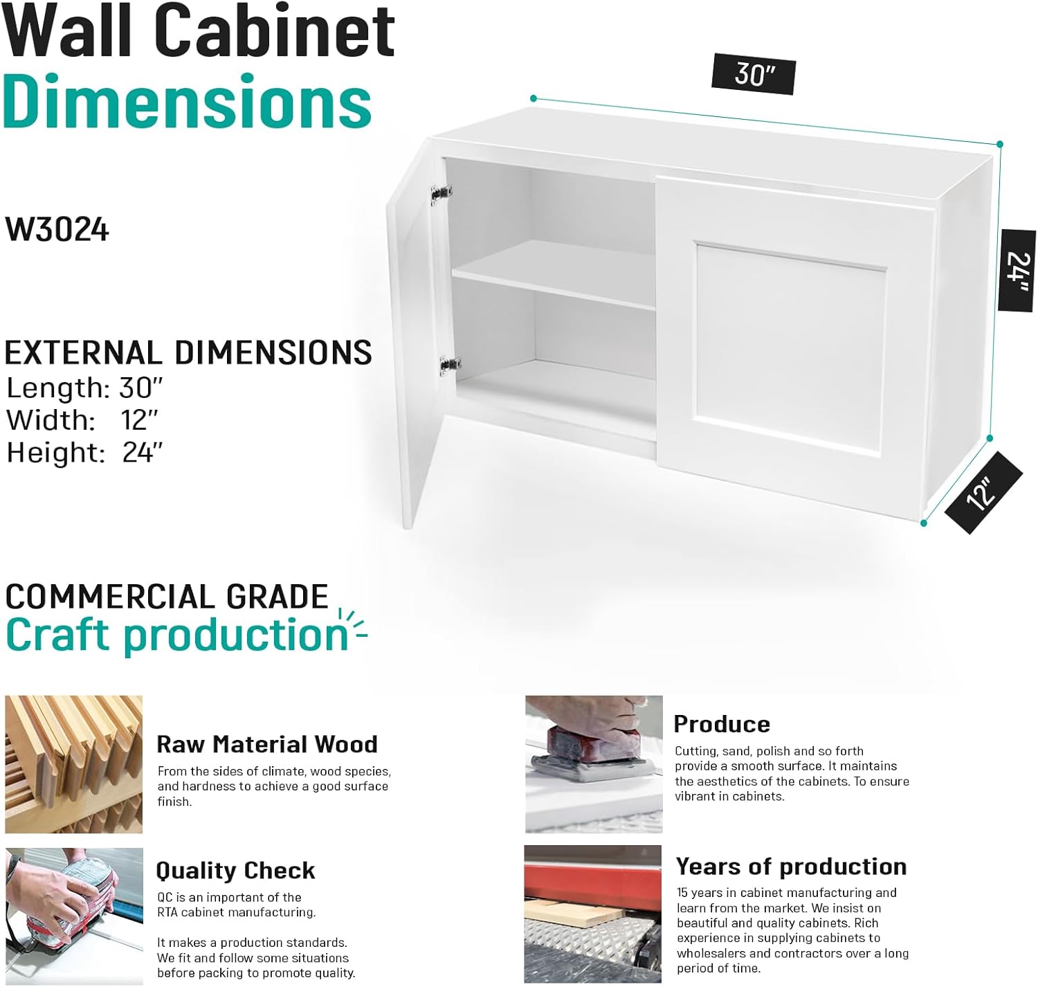 Wall Cabinet, Upper Kitchen Cabinet, Kitchen Wall Cabinets, Bridge Cabinet, 1 Adjustable Shelf, Soft Close, Ready to Assemble, Paint Finish, Unassemble, Shaker (White, 30" W X 24" H X 12" D)