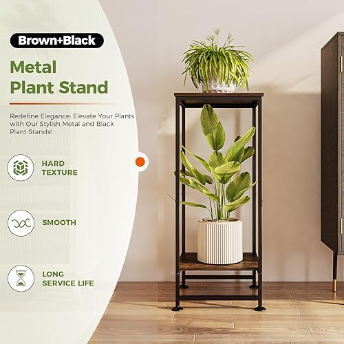 Miniatura 2 de Bamworld Soporte alto para plantas de interior, estante de metal negro para múltiples plantas, soporte de flores de esquina de 2 niveles para patio,