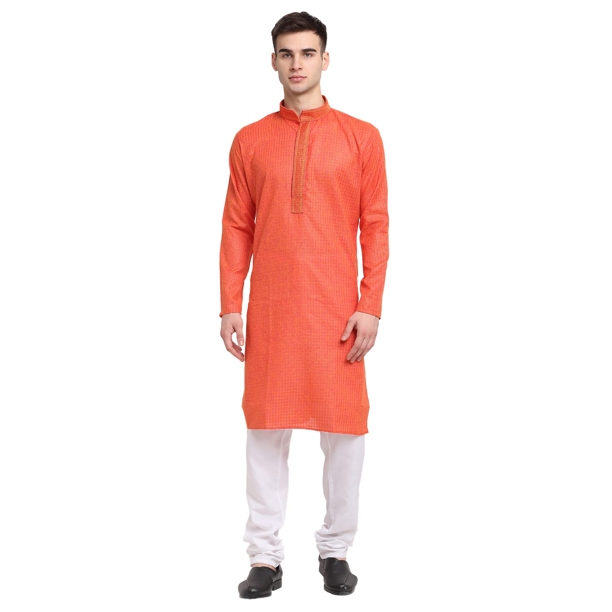 JompersMen Dark-Orange Self Design Kurta with Pyjamas