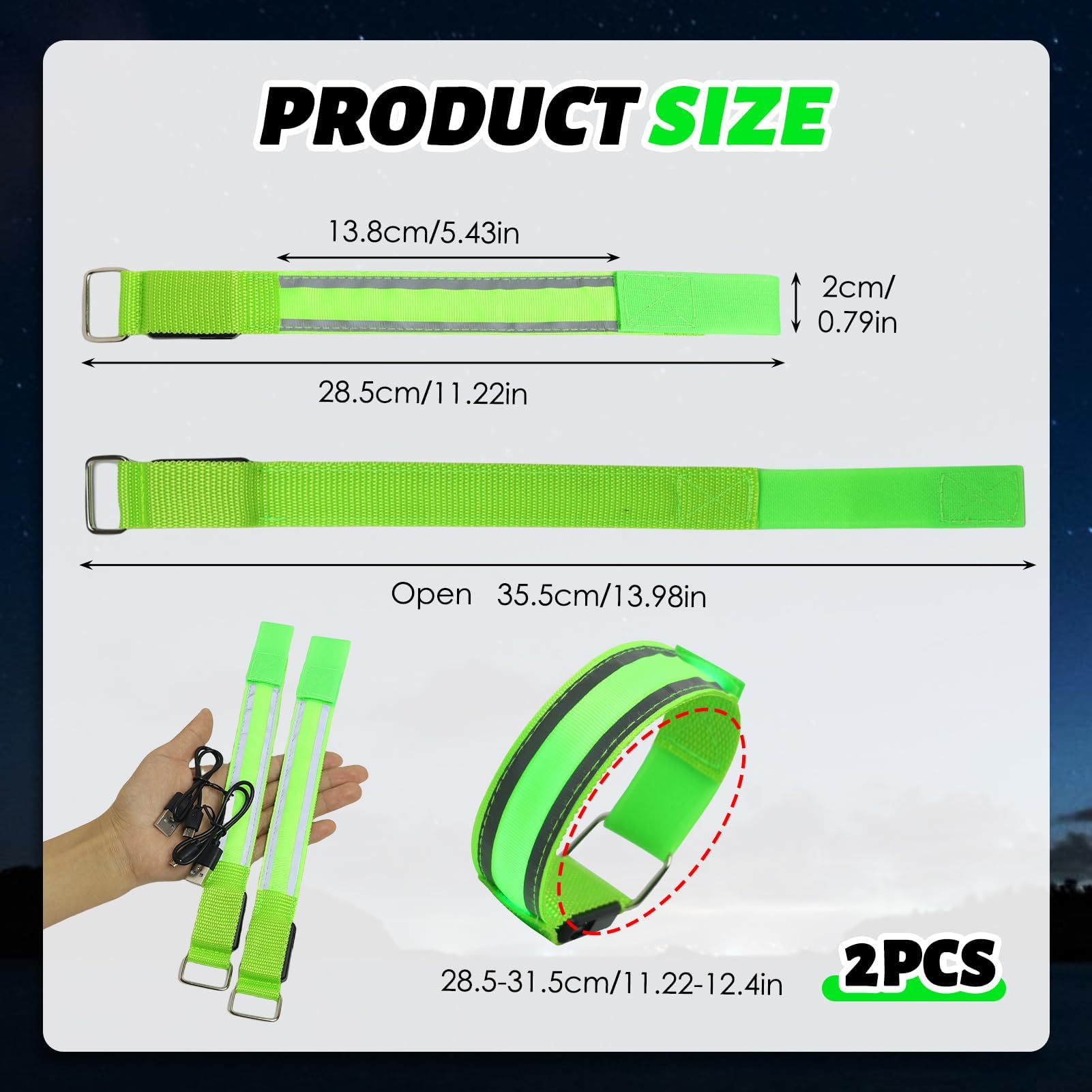 2 Bracelets Lumineux Réfléchissants Pour Course/Cyclisme - Rechargeable, Léger, Réglable (Vert)