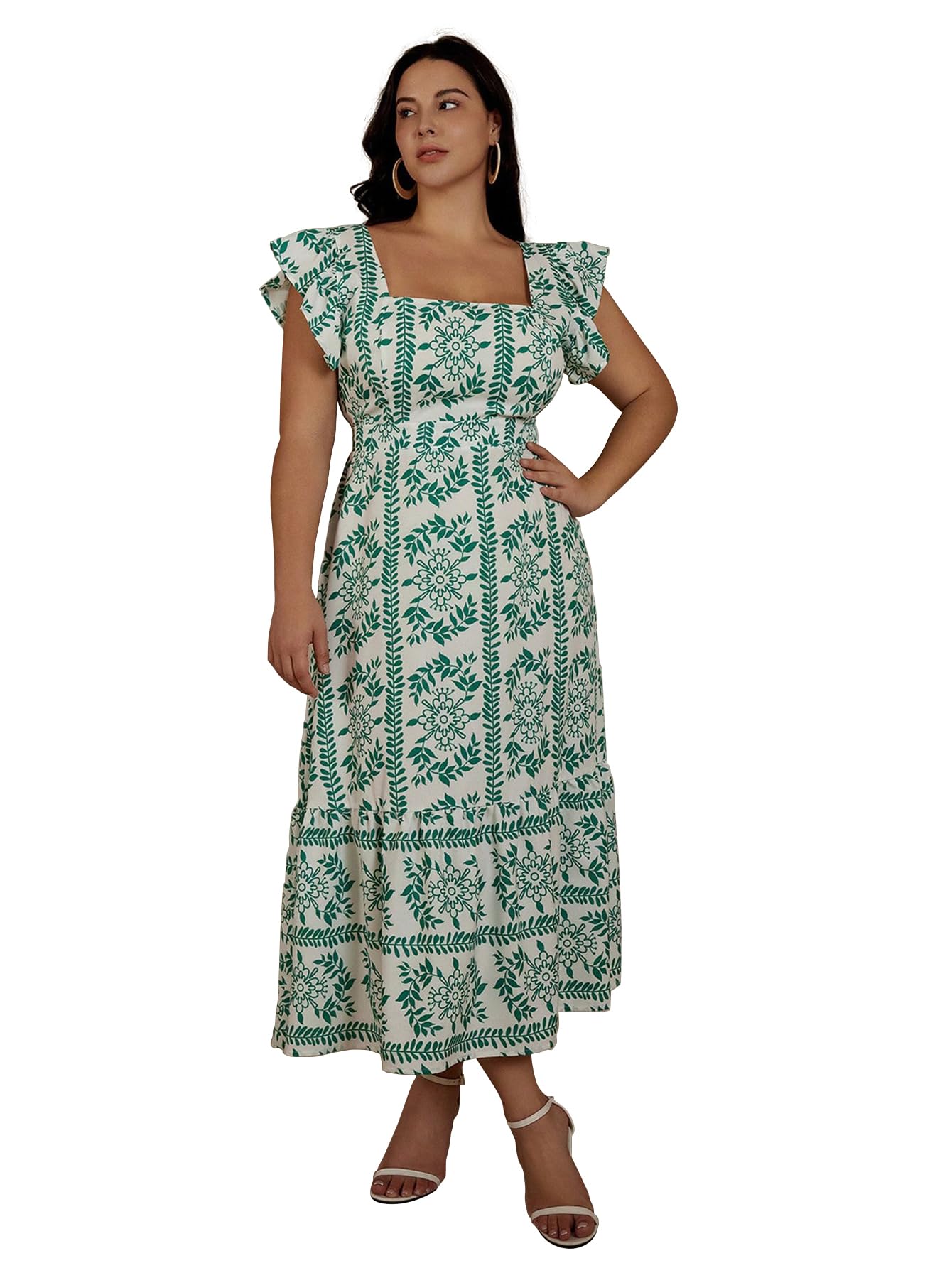 Shasmi Girl's & Women's White And Green Boho Random Print Casual Vacation Ruffled Square Neck Short Sleeve Summer Dresses With All Over Print Maxi, Dress For Women Elegant (Dress 229 Green-2Xl)
