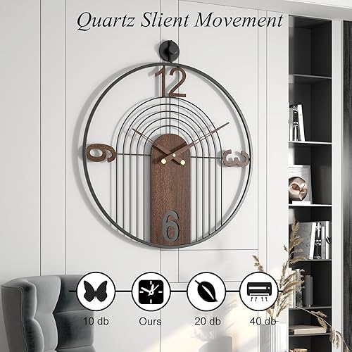 Miniatura 4 de Reloj de pared moderno con esfera de nogal grande, marco de metal de madera, silencioso, sin tictac, decoración para sala de estar, dormitorio,