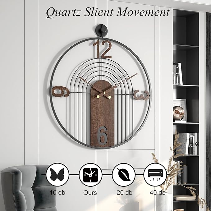 Reloj de Pared Moderno Grande, Marco de Madera Nuez y Metal, Silencioso, 55.88 cm miniatura 4