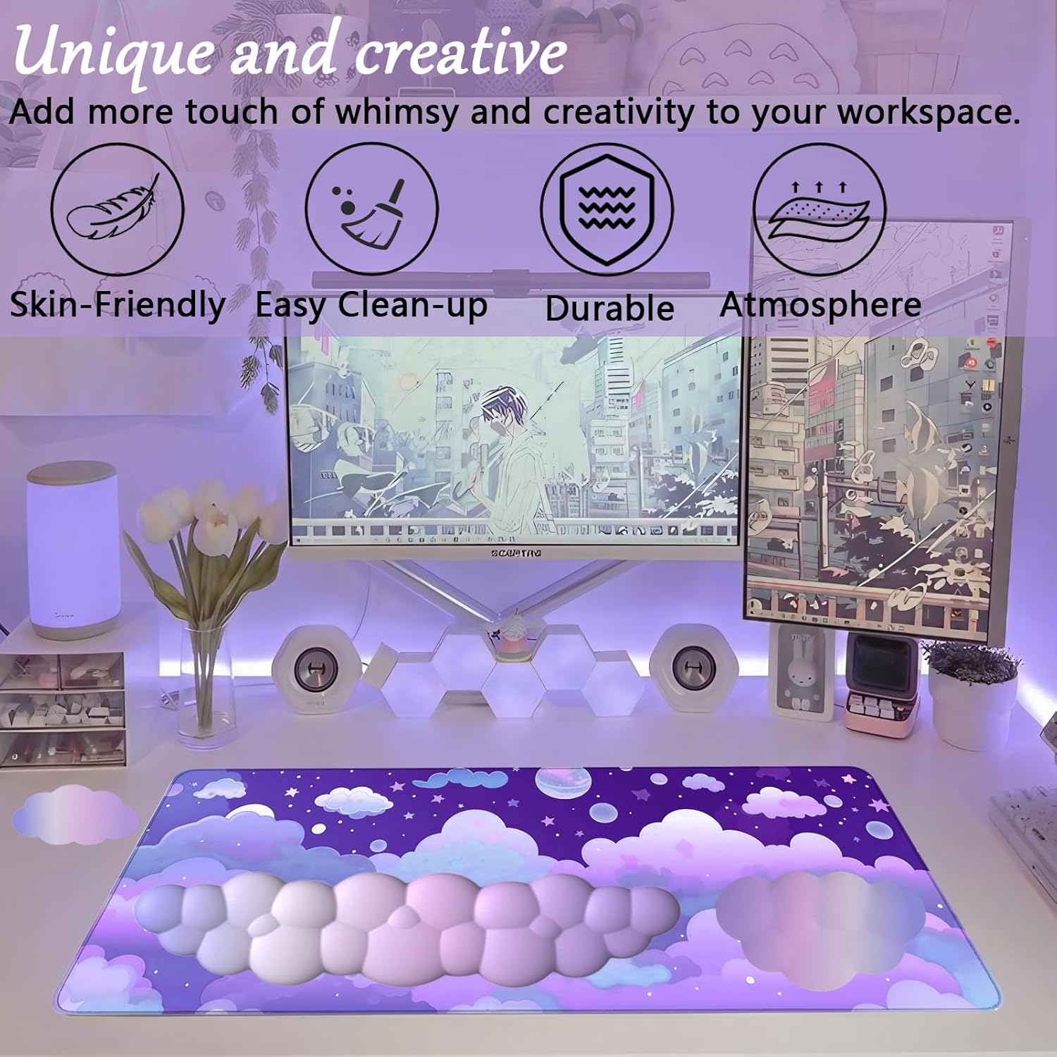 Purple Cloud Mouse Pad Cloud Keyboard Wrist Rest for Computer Keyboard Extended Large Desk Mat Pad Set 4PCS Memory Foam Non-Slip Ergonomic Cute Gaming Mouse Pads Wrist Support for Laptop Home Office