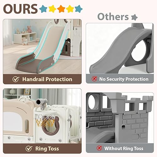 Miniatura 5 de Arlopu Juego de tobogán grande para niños de 10 en 1, juego de tobogán con pizarra para dibujar, aro de baloncesto, parque infantil resistente, casa