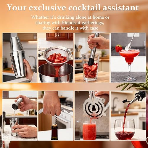 Miniatura 5 de JUSTDOMI Juego de herramientas de barra de acero inoxidable de 26 piezas, accesorios de camarero, juego de coctelera con soporte, kit de cócteles