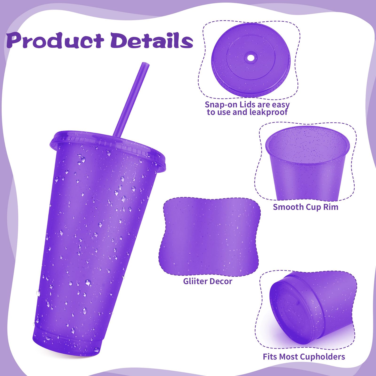 Hxezoc 16 bicchieri riutilizzabili con coperchio e cannucce, in plastica glitterata, da 680,4 g, tazze da caffè ghiacciato, tazze da viaggio per feste di compleanno, frullati, succhi di frutta, feste