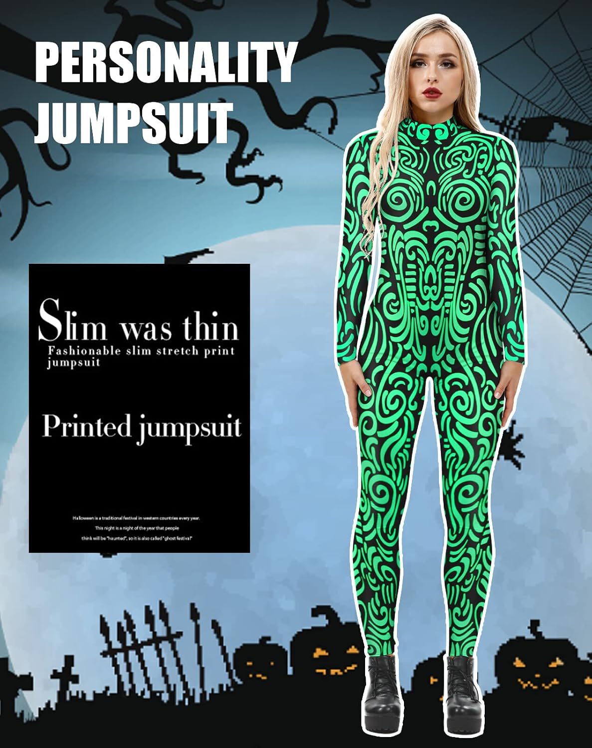 Women's Halloween Cosplay Jumpsuits Funny Skeleton Bodysuit 3D Stretch Skinny Jumpsuit Outfit Catsuit