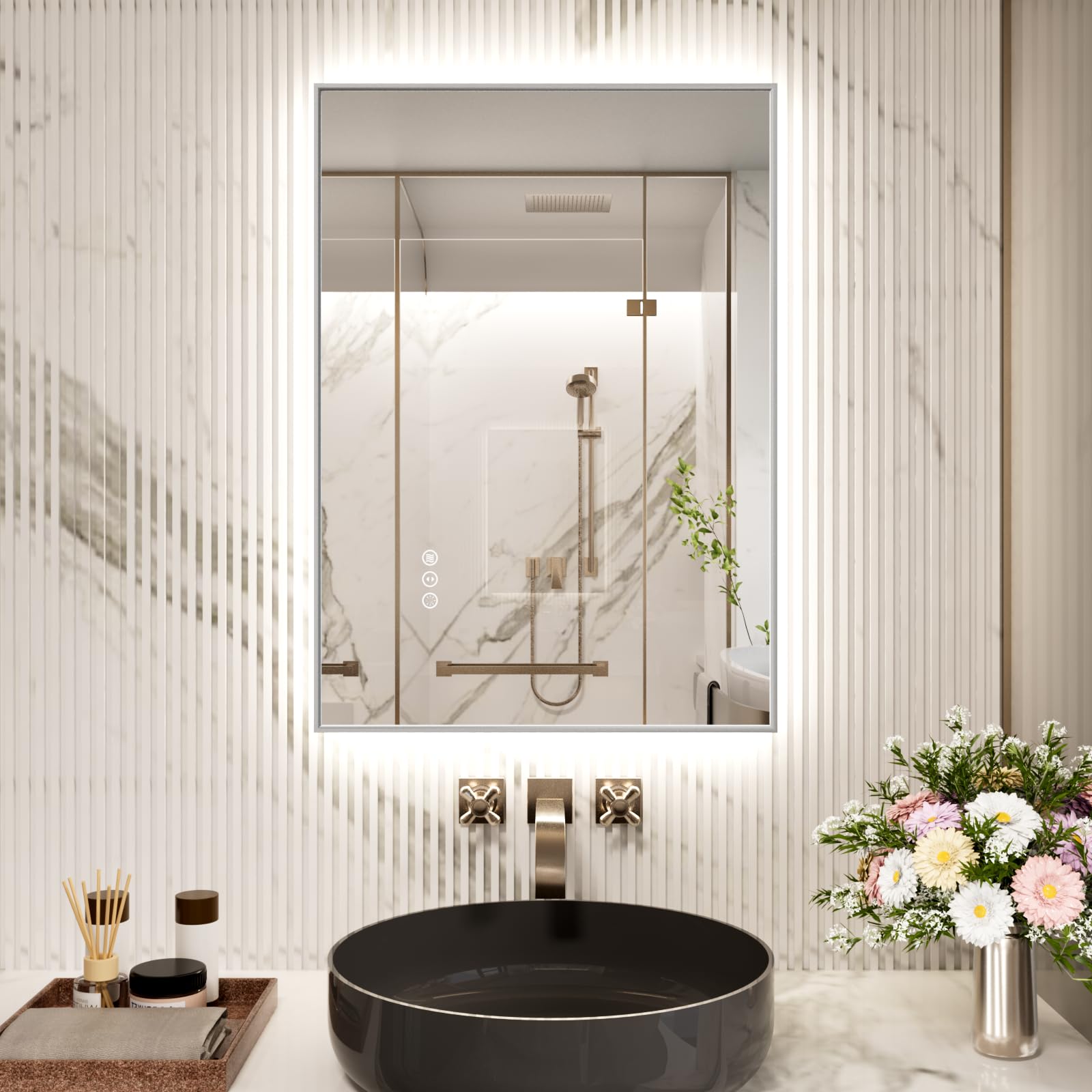 Snowdool LED-Badezimmerspiegel mit silbernem Metallrahmen, 50 x 70 cm beleuchteter Kosmetikspiegel zur Wandmontage, rechteckiger beleuchteter Spiegel mit 3-Farben-Dimmung, Antibeschlag, IP44