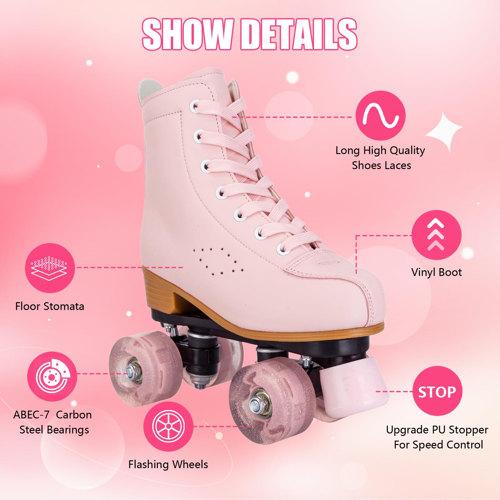 Gets Patins à roulettes lumineux en cuir synthétique pour femme - Double rangée de 4 roues - Patins brillants pour adolescents et adultes