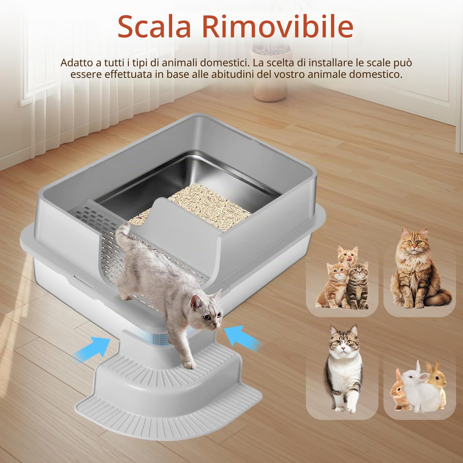 XXXL - Lettiera semi-chiusa in acciaio inox, 70 x 50 x 30 cm, parete laterale alta, in metallo, con passaggio filtrato, gradini, pala, non adesiva, facile da pulire (grigio chiaro)