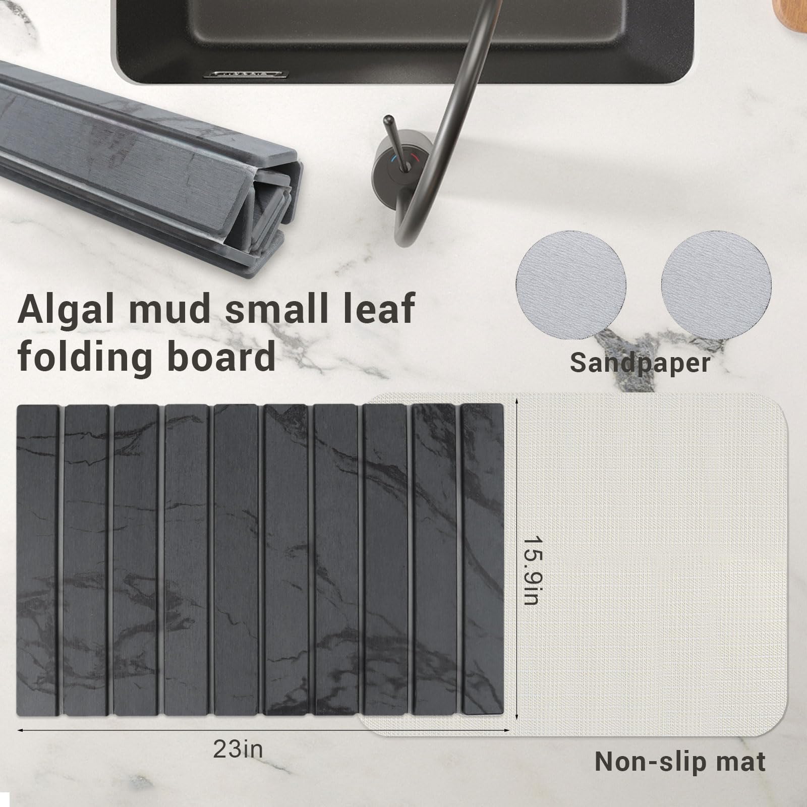 23*16'' Large Diatomaceous Earth Stone Quick Drying Mat For Kitchen Counter Bathroom Foldable and Absorbent Drying Stone Mat Home Pad Fast-Drying Floor Mat Dark Gray