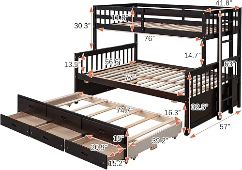Miniatura 2 de Woanke Litera individual sobre matrimonial con cama nido de tamaño individual marco de litera de madera con 3 cajones de almacenamiento para niños