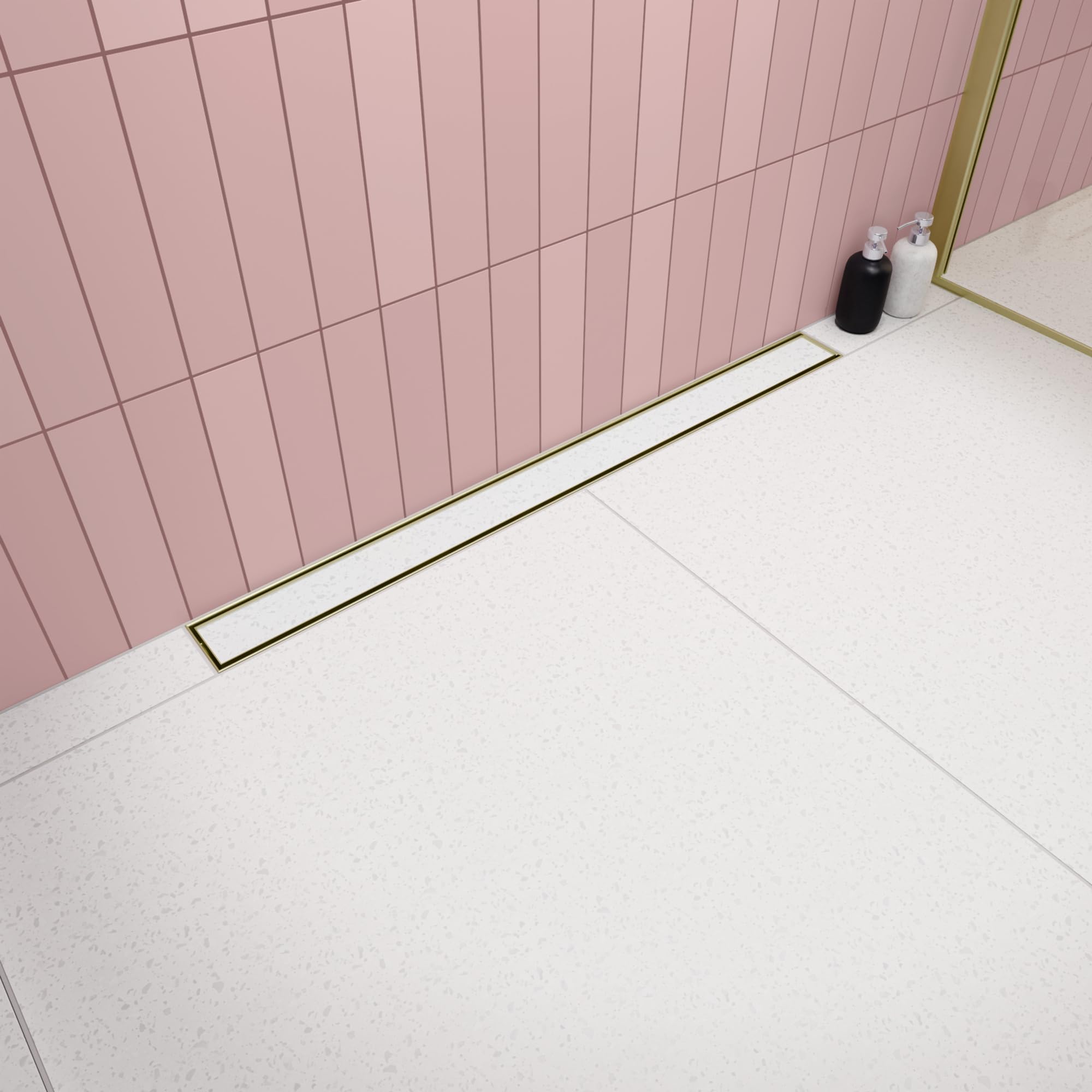 Wand-Duschrinne Premium SLX Gold PVD 90 cm, Duo-Rost – befliesbar oder mit Edelstahlabdeckung, Edelstahl AISI 304, Siphon Ø50, Haarsieb