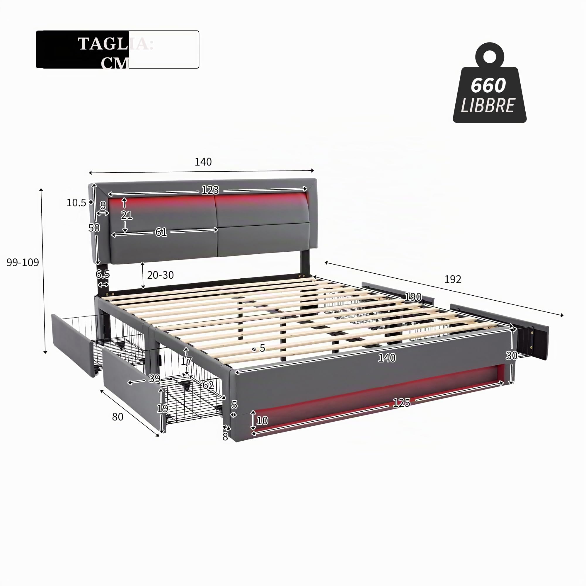 Letto Matrimoniale con Contenitore 140x190 cm con LED e USB (Supportato Senza Fili), Letto una piazza e mezza con 4 Cassetti e Testiera, Letto Contenitore con rete a doghe, Struttura Letto -Nero