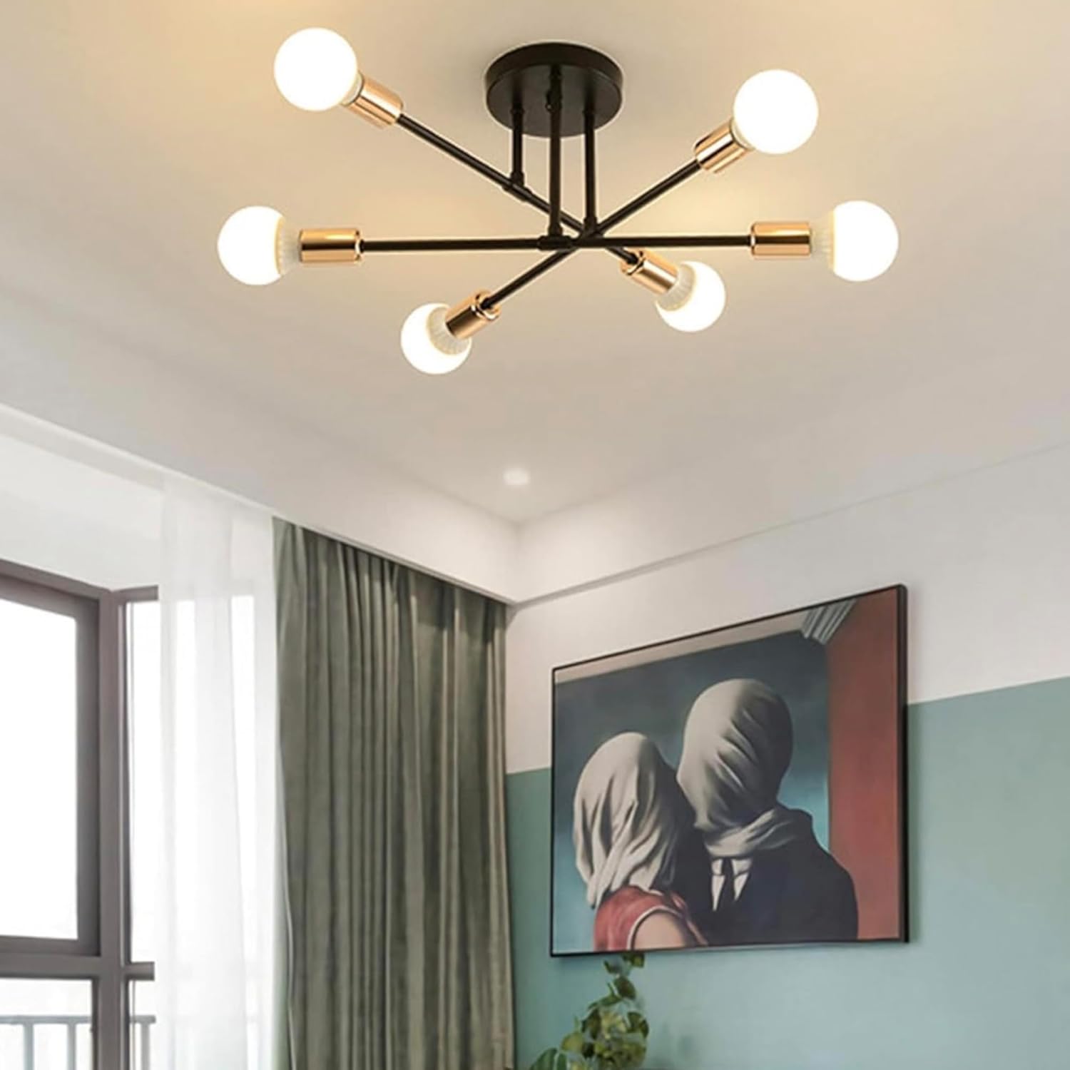 Close to Ceiling Lamp Industrial Shape DIY E26 Modern Vintage Iron Ceiling Lamp for Bedroom Living Room Kitchen Corridor Hallway Chandeliers(Black+Gold, 6T)