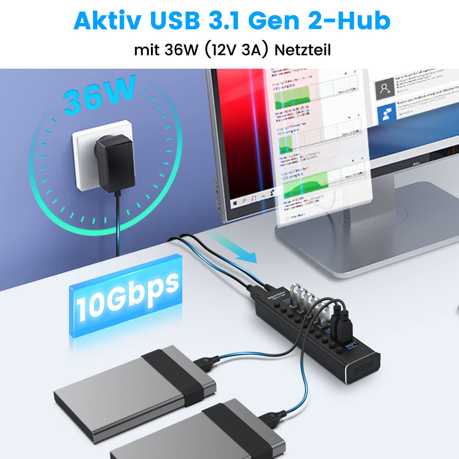 RSHTECH Hub USB Activo 3.0 con Fuente Alimentación 10Gbps 10 Puertos de Aluminio USB 3.1 Hub con 2 Cables(Tipo C y Tipo A), Interruptores LED y Adaptador Alimentación 36W(12V/3A), RSH-A10S