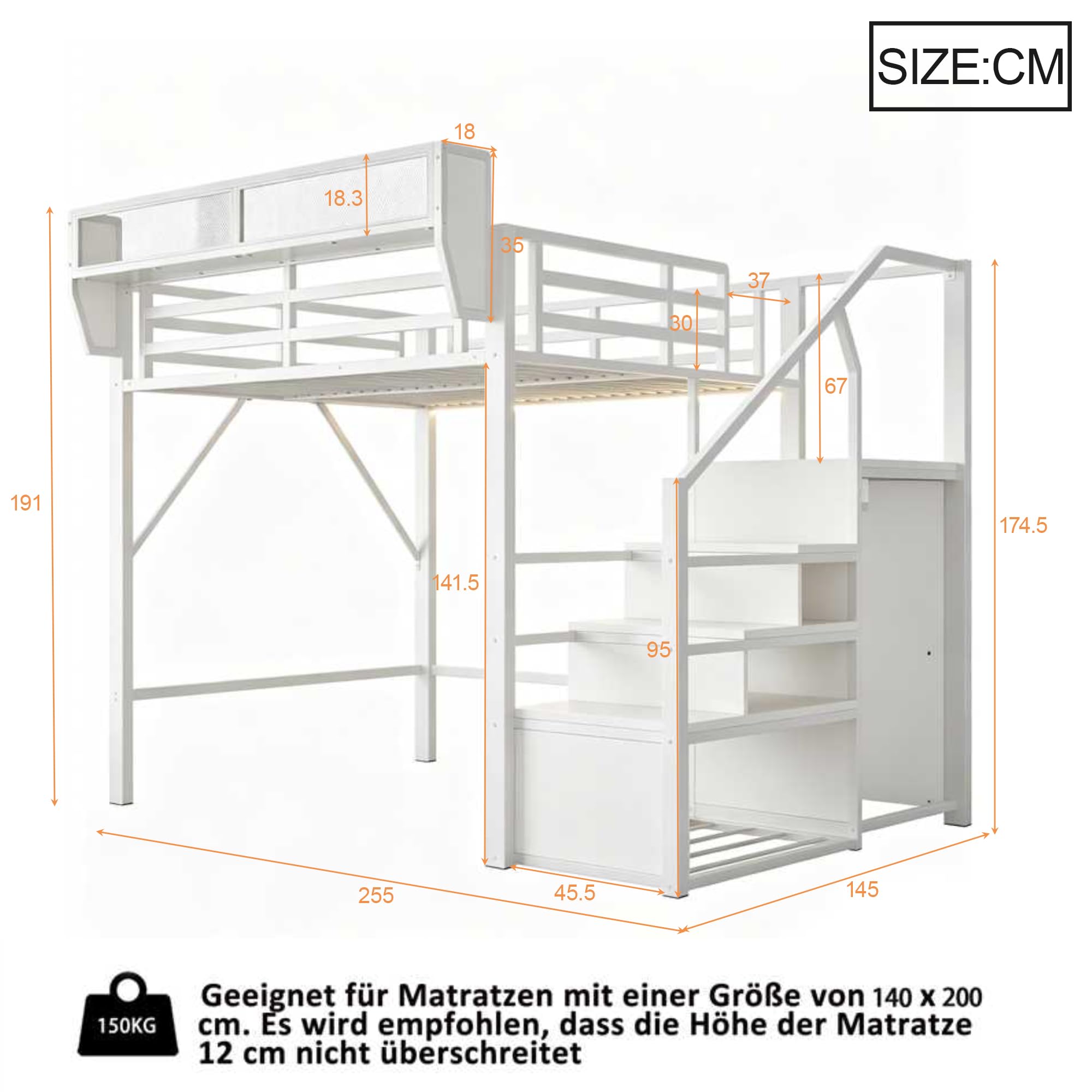 Moimhear Cama alta de hierro, con escalera de seguridad y espacio de almacenamiento flexible, cama de metal, cama para adultos (blanco, 140 x 200 cm)