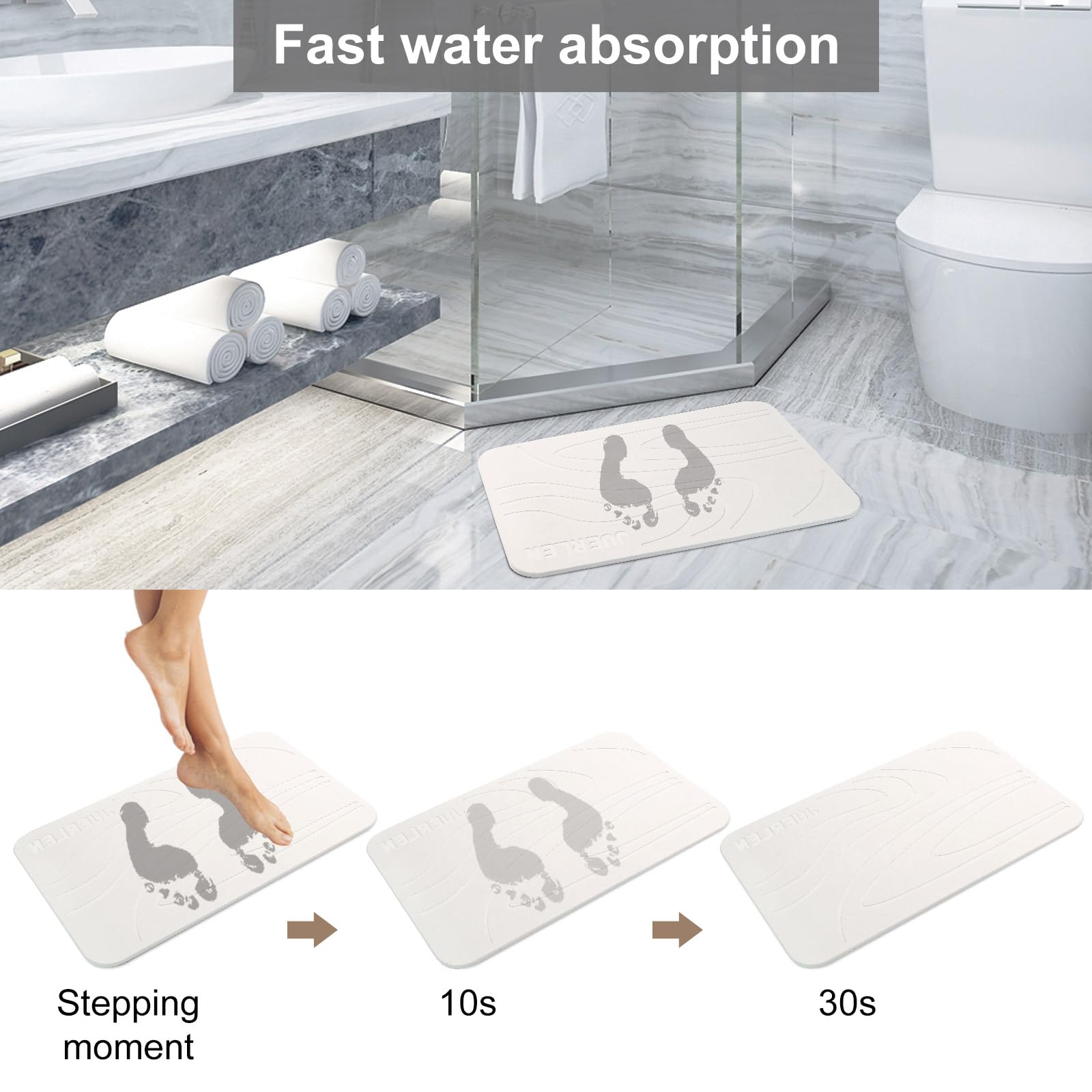 JUERLEN 2 stuks diatomeeënaarde douchemat, stenen badmat, antislip super absorberende sneldrogende harde badmat voor badkamer douchevloer, 60 x 39 cm, golvend, bleek
