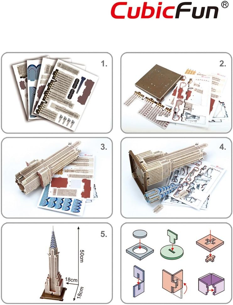 Diagram showing five steps of assembling the CubicFun Chrysler Building 3D Puzzle.