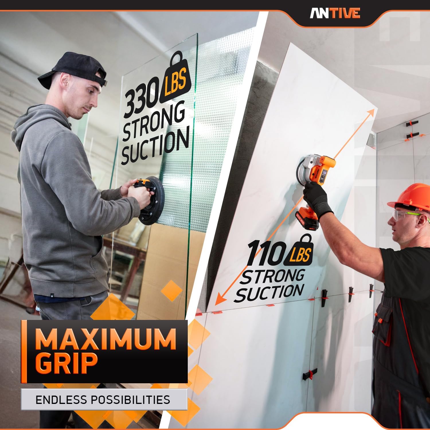 Tile Vibration Tool Pro Set with 21V Batteries & 8″ Vacuum Suction Cup – 110 lb. Tile Suction Cup Tool Power – 9 Tile Vibrator Levels for Leveling Marble, Ceramic, Paver, Granite & Concrete