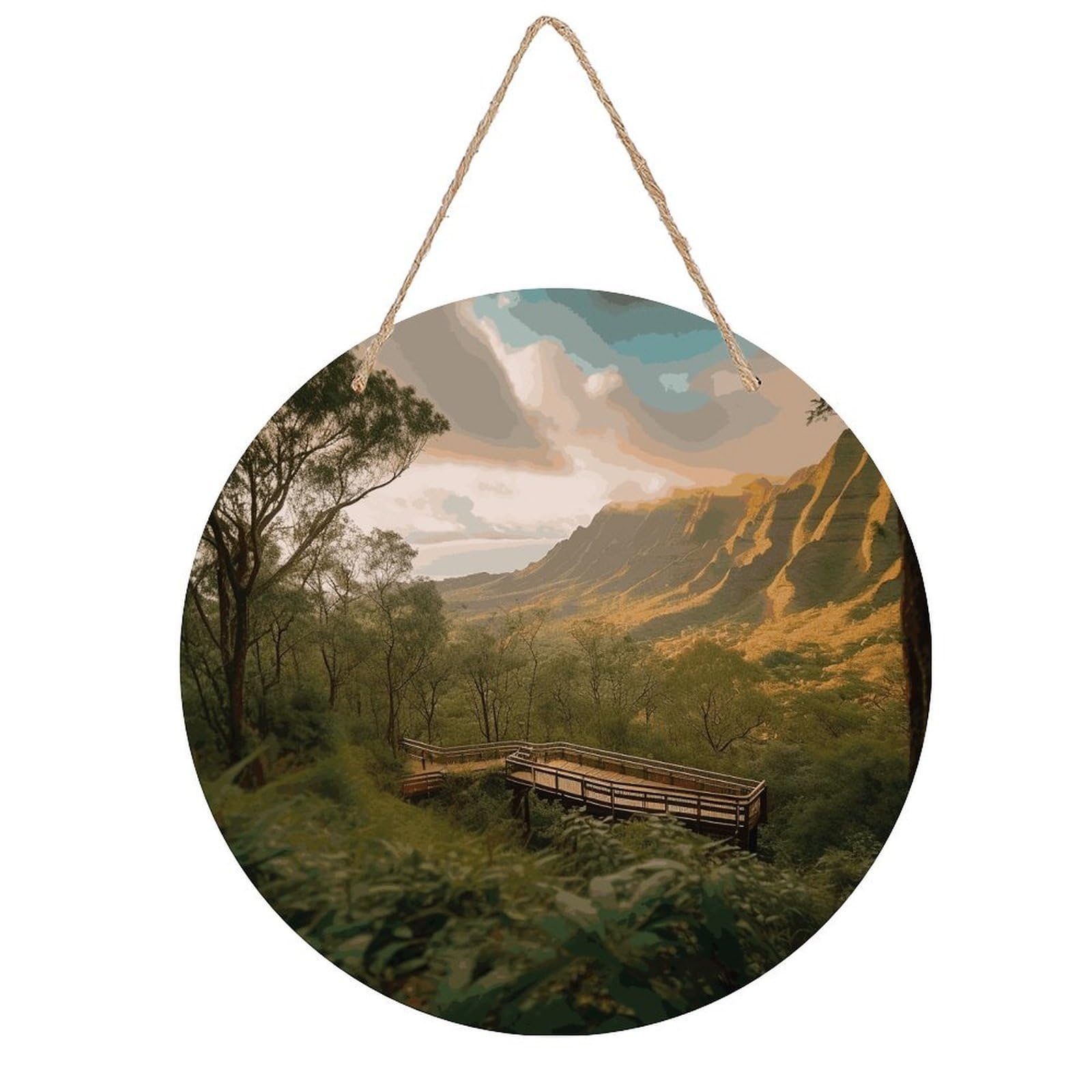 FekiLoot Round Wilderness Park Wall Art Decor Painting Wooden Hanging Sign with Ropes Bohemian Wall Hanging Retro Mid Century Modern Wall Art for Home Bedroom Living Room 7.9x7.9 in