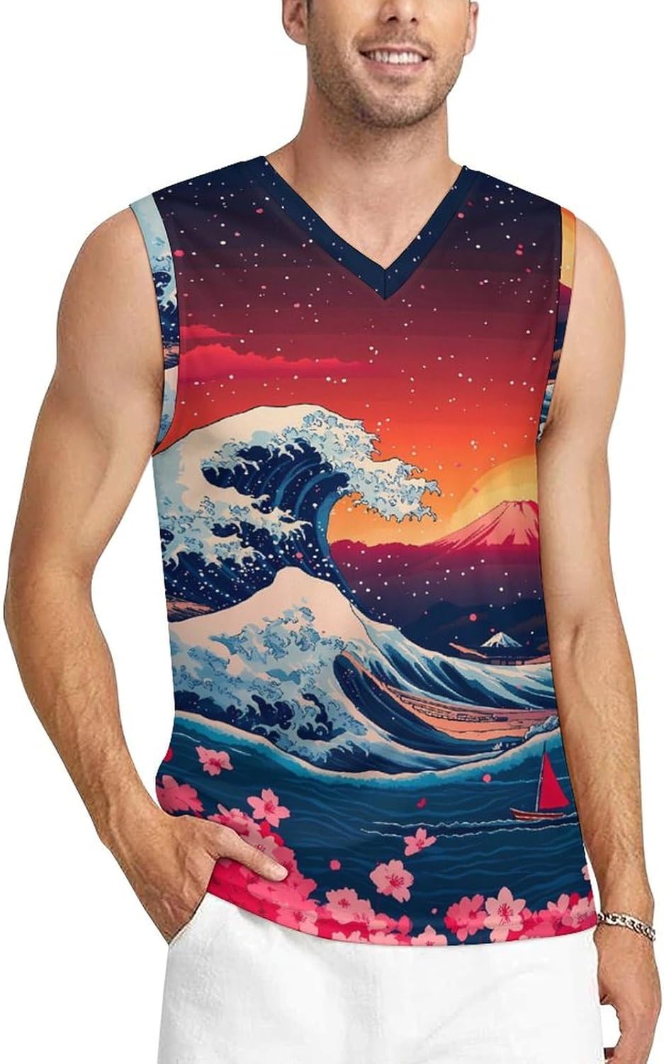 Japanese The Great Wave Fuji Mount Men's V-Neck Basketball Tank Top Sleeveless Workout Tank Shirts Gym Fitness Tees Vest